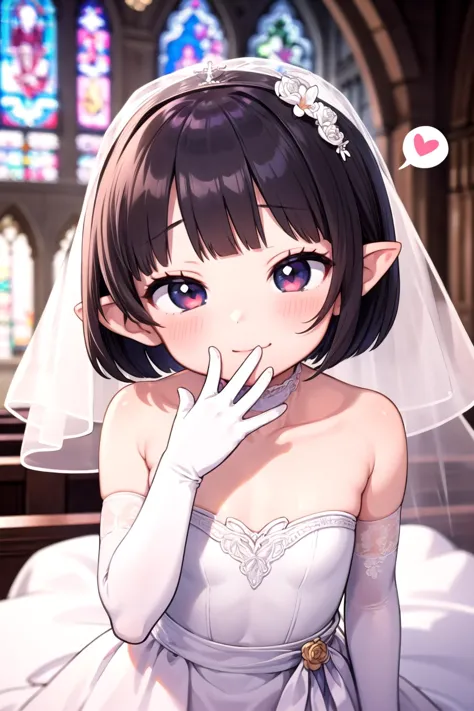 1girl,bob cut,pointy ears,flat chest,(spoken heart:1.1),naughty face,nose blush,wedding dress,wedding elbow gloves,embellished c...