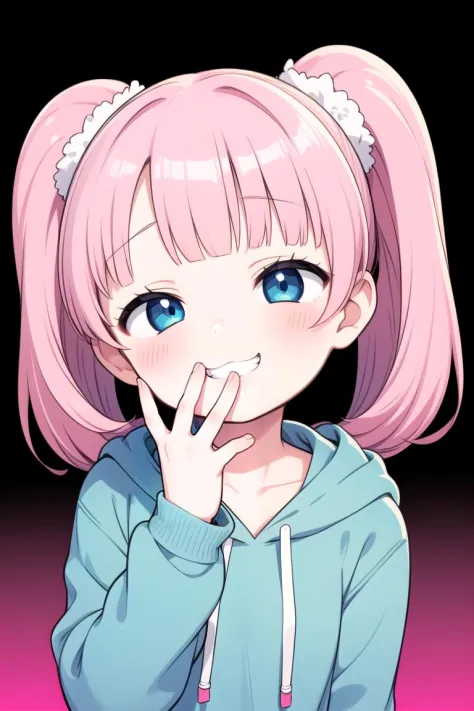 1girl, <lora:Msgk_face:1>, grin, :3, twintails, upper body, hand to own mouth, looking at viewer, half-closed eyes, hoodie, pink...