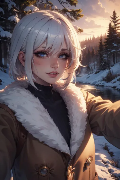 a woman with white hair and blue eyes is taking a selfie