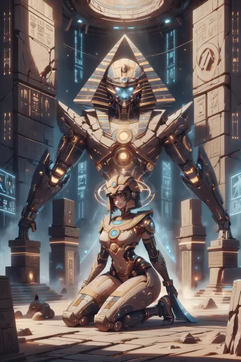 a robot standing in front of a large egyptian statue