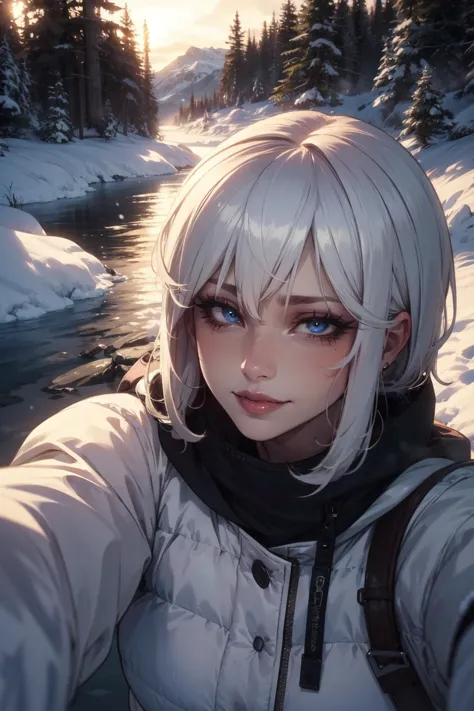 anime girl with white hair and blue eyes taking a selfie