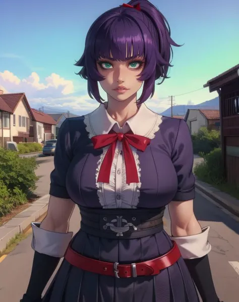 anime girl in a purple dress and red bow tie standing on a street