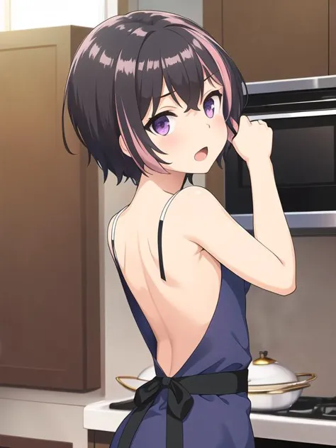 best quality, (masterpiece:1.2), highly detailed, (masterpiece), (illustration),
kitchen, indoor,
standing, (face focus:1.2), face, upper body, (from back:1.3),
nuke apron, sleeveless, frills, collarbone,
1girl, solo, short hair, purple eyes, multicolored hair, black hair, sparkle, glint, streaked hair, lens flare, small breasts,
shy, blush, (looking at viewer), open mouth,
<lora:Riku:0.7>