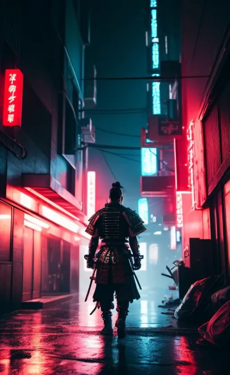 glamour shot of samurai, the Cyberpunk samurai, surrounded by city neon lighting, realistic, realistic, morbide, dark, very deta...
