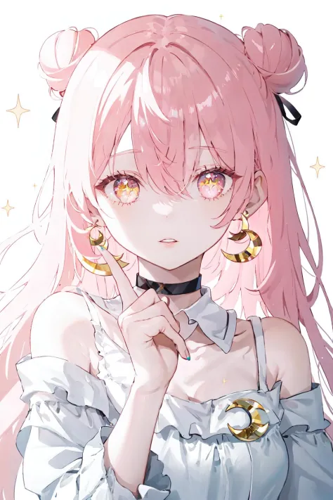 zyc, 1girl, pink hair, pink nails, solo, earrings, jewelry, crescent earrings, looking at viewer, nail polish, parted lips, crescent, yellow eyes, long hair, bangs, ribbon, bare shoulders, collarbone, sparkle, multicolored eyes, hair bun, upper body, bow, hair between eyes, black ribbon, choker, gem, fingernails, hand up, portrait, off shoulder, detached collar