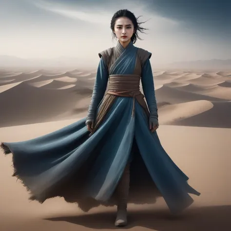 a woman in a blue dress standing in the desert