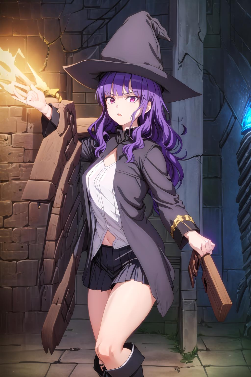 A woman in a witch hat holding a wand and a sword - SeaArt AI