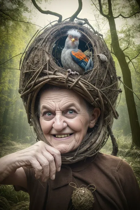 3d render of a funny old lady, crazy looking, grumpy eyes, beast smile, (bird s nest on head, inside cuckoo:1.25), retro wearing, fantasy landscape, forest, immensely emotional by (john Wilhelm, low Dutch angle:1.36), natural lighting, cinematic film still, OverallDetail