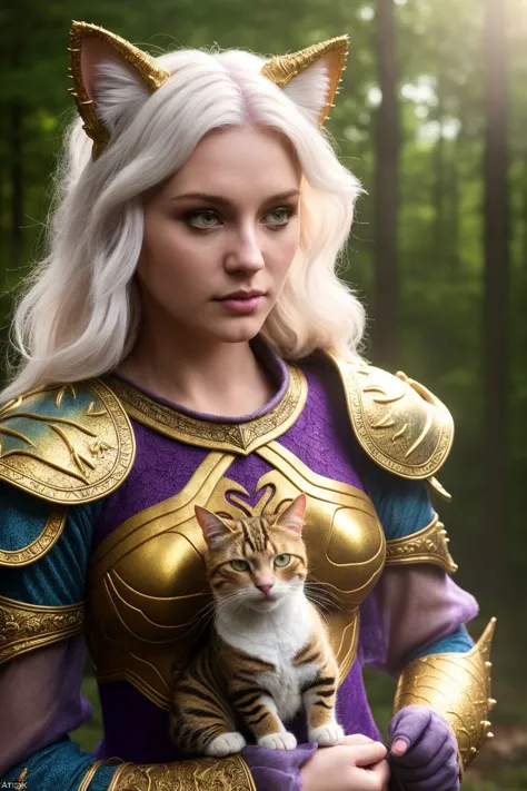 a close up of a woman in armor holding a cat