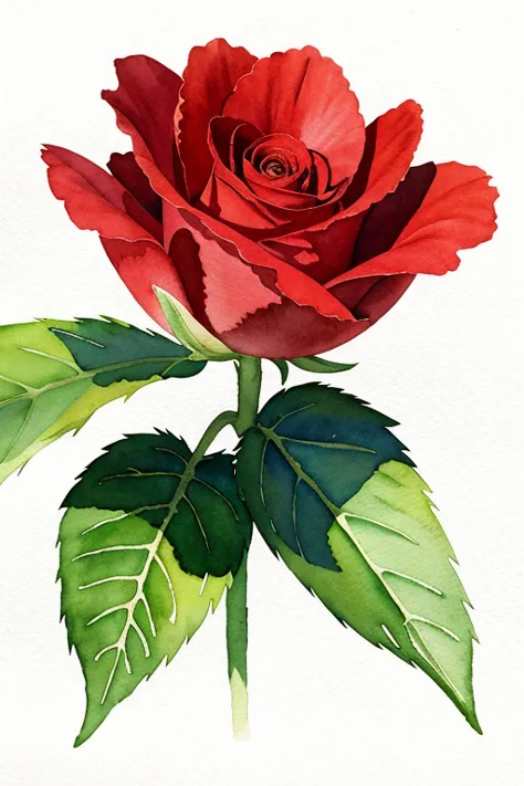 painting of a red rose with green leaves on a white background