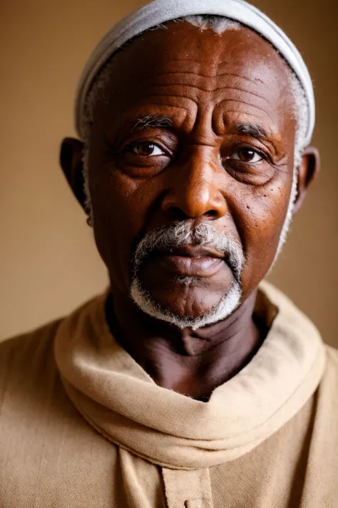 a close up of a man with a white headband and a brown shirt