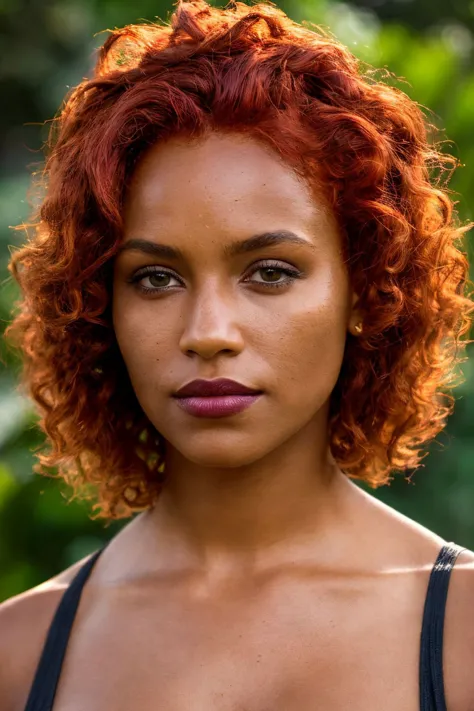 a close up of a woman with red hair and a black top