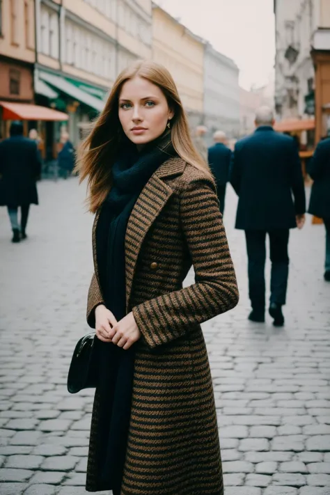 a woman in a coat and scarf standing on a street