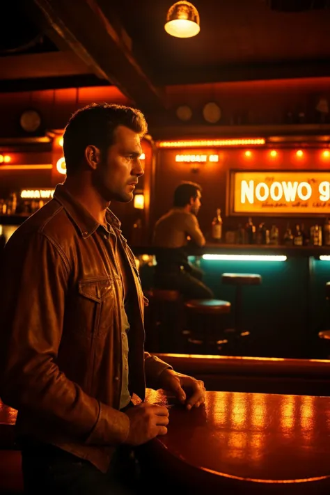 a man standing at a bar with a drink in his hand