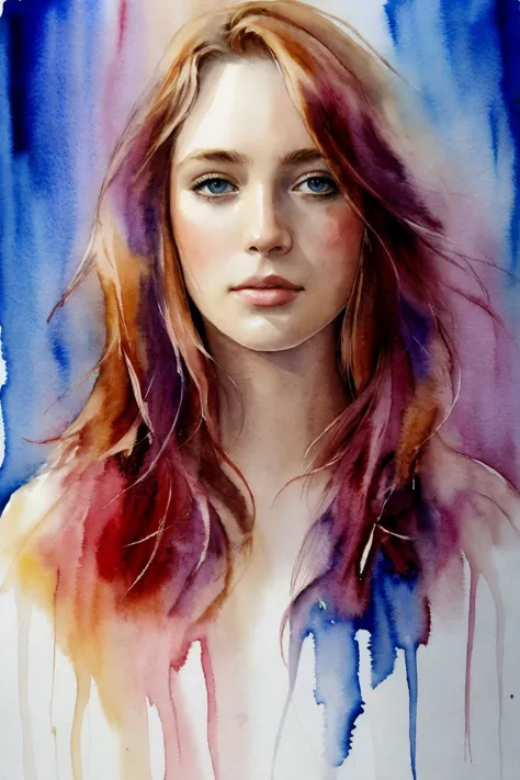 a painting of a woman with long hair and blue eyes