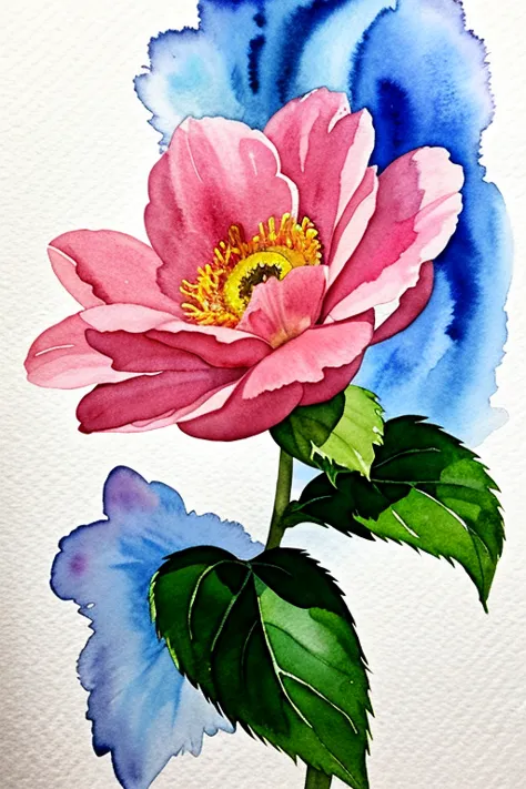 painting of a pink flower with blue leaves on a white background