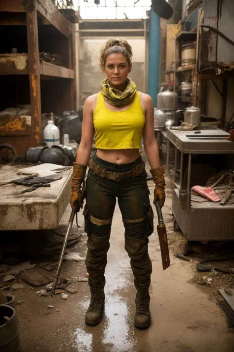 1woman, in a post-apocalyptic abandoned workshop, scattered rusted tools, lingering oil smell, yellowed blueprints., Post-apocalyptic, shabby Scavenger Outfit: Worn-out, dust-covered utility jacket, faded black tank top, cargo pants with patchwork repairs, sturdy scuffed combat boots, fingerless gloves, multipurpose scarf., Wearing a Rain Poncho, photo by William Eggleston