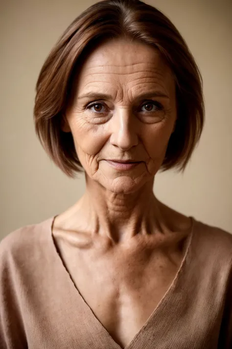 a close up of a woman with a very short hair