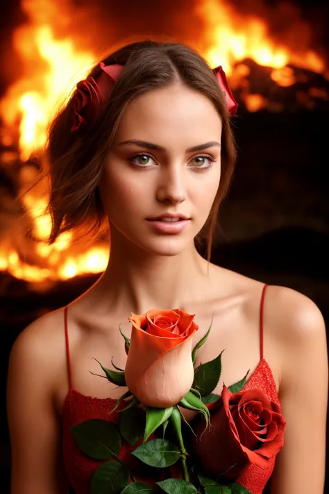 a woman in a red dress holding a rose in front of a fire