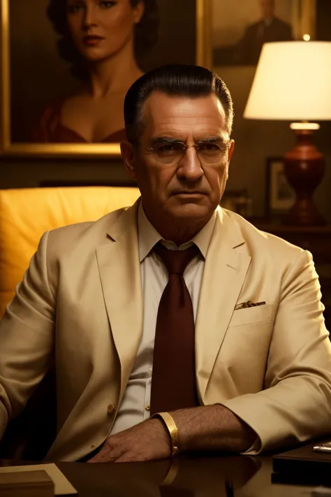 arafed man in a tan suit sitting at a desk with a laptop