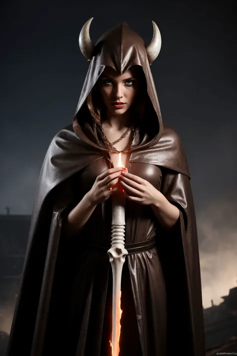 a woman in a dark robe holding a sword and a sword