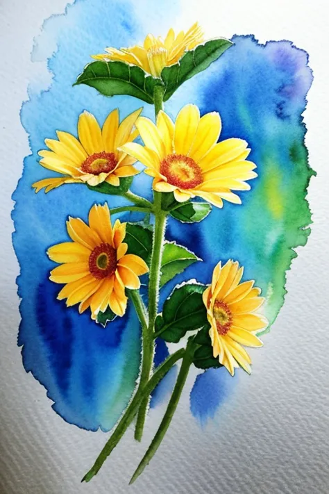 painting of a bunch of yellow flowers on a blue background