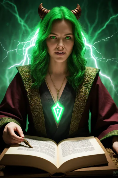 a woman with green hair and horns holding a book