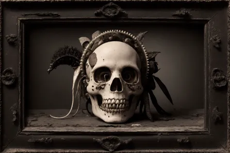 a close up of a skull with a headdress in a frame