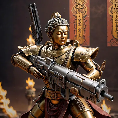 (Buda),Um altamente detalhado, realistic depiction of Buda in a serene yet powerful posture, segurando uma metralhadora Gatling com as duas mãos. A imagem captura a justaposição de paz e guerra, showcasing Buda's tranquil expression against the mechanical complexity of the weapon. O fundo é um borrão de movimento, sugerindo a ação de tiros de varredura, while Buda himself remains an emblem of calm amidst chaos. A iluminação é dinâmica, destacando os detalhes intrincados da figura e da arma, com foco no realismo em texturas e cores , arma radioativa 