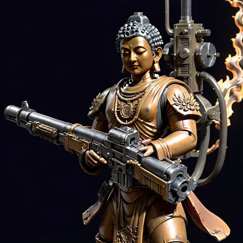 (Buda),Um altamente detalhado, realistic depiction of Buda in a serene yet powerful posture, segurando uma metralhadora Gatling com as duas mãos. A imagem captura a justaposição de paz e guerra, showcasing Buda's tranquil expression against the mechanical complexity of the weapon. O fundo é um borrão de movimento, sugerindo a ação de tiros de varredura, while Buda himself remains an emblem of calm amidst chaos. A iluminação é dinâmica, destacando os detalhes intrincados da figura e da arma, com foco no realismo em texturas e cores , arma radioativa 