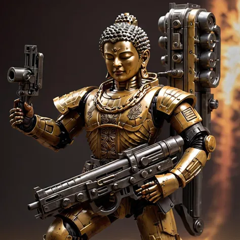 (Buddha),A highly detailed, realistic depiction of Buddha in a serene yet powerful posture, gripping a Gatling gun with both hands. The image captures the juxtaposition of peace and warfare, showcasing Buddha's tranquil expression against the mechanical complexity of the weapon. The background is a blur of movement, suggesting the action of sweeping gunfire, while Buddha himself remains an emblem of calm amidst chaos. The lighting is dynamic, highlighting the intricate details of both the figure and the gun, with a focus on realism in textures and colors , <lora:falloutgun:0.6> falloutgun <lora:primaris_marine-knight_armor:0.4>