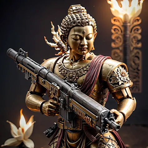 (Buda),Um altamente detalhado, realistic depiction of Buda in a serene yet powerful posture, segurando uma metralhadora Gatling com as duas mãos. A imagem captura a justaposição de paz e guerra, showcasing Buda's tranquil expression against the mechanical complexity of the weapon. O fundo é um borrão de movimento, sugerindo a ação de tiros de varredura, while Buda himself remains an emblem of calm amidst chaos. A iluminação é dinâmica, destacando os detalhes intrincados da figura e da arma, com foco no realismo em texturas e cores , arma radioativa 