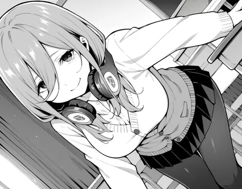 score_9, score_8_up, score_7_up, source_anime,
mikunakano, <lora:miku-nakano-manga-ponyxl-lora-nochekaiser:1>,
miku nakano, long hair, bangs, shirt, hair between eyes, headphones, headphones around neck, monochrome, greyscale,
skirt, shirt, long sleeves, white shirt, pantyhose, pleated skirt, black pantyhose, cardigan,
indoors, classroom, bent over, smile,
looking at viewer, cowboy shot, dutch angle, solo, mature female,