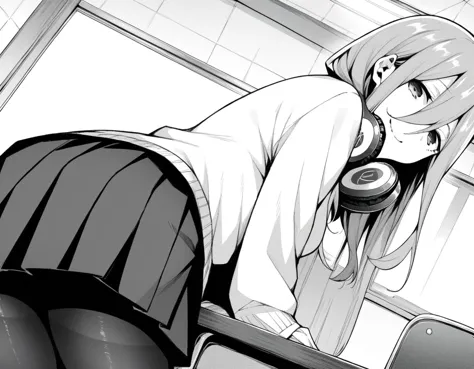 score_9, score_8_up, score_7_up, source_anime,
mikunakano, <lora:miku-nakano-manga-ponyxl-lora-nochekaiser:1>,
miku nakano, long hair, bangs, shirt, hair between eyes, headphones, headphones around neck, monochrome, greyscale,
skirt, shirt, long sleeves, white shirt, pantyhose, pleated skirt, black pantyhose, cardigan,
indoors, classroom, bent over, smile,
looking at viewer, cowboy shot, dutch angle, solo, mature female,