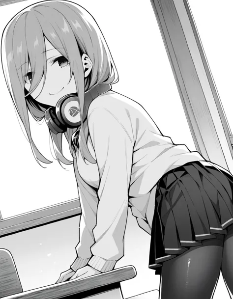 anime girl with headphones on leaning over a desk