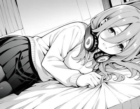 score_9, score_8_up, score_7_up, source_anime,
mikunakano, <lora:miku-nakano-manga-ponyxl-lora-nochekaiser:1>,
miku nakano, long hair, bangs, shirt, hair between eyes, headphones, headphones around neck, monochrome, greyscale,
skirt, shirt, long sleeves, white shirt, pantyhose, pleated skirt, black pantyhose, cardigan,
indoors, bed, bed room, on side, blush, drunk,
looking at viewer, cowboy shot, dutch angle, solo, mature female,