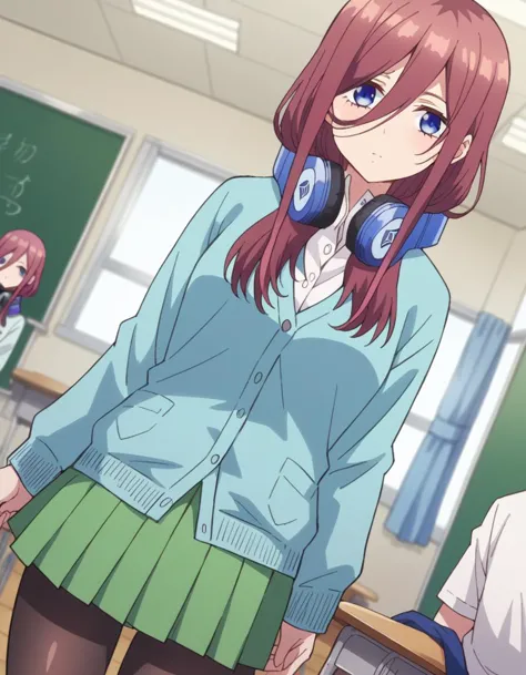 anime image of a girl in a school uniform with headphones