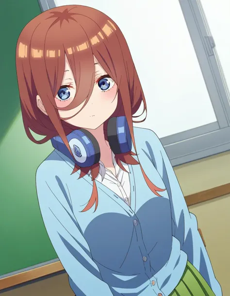 score_9, score_8_up, score_7_up, source_anime,
mikunakano, <lora:miku-nakano-s2-ponyxl-lora-nochekaiser:1>, 
miku nakano, long hair, bangs, blue eyes, brown hair, shirt, hair between eyes, headphones, cardigan, headphones around neck,
skirt, shirt, long sleeves, white shirt, pantyhose, pleated skirt, black pantyhose, cardigan, green skirt, blue cardigan,
indoors, classroom,
looking at viewer, cowboy shot, dutch angle, solo,