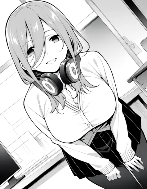 anime girl with headphones standing in front of a window