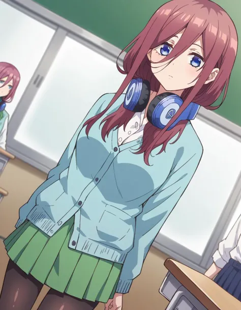 score_9, score_8_up, score_7_up, source_anime,
mikunakano, <lora:miku-nakano-s1-ponyxl-lora-nochekaiser:1>, 
miku nakano, long hair, bangs, blue eyes, brown hair, shirt, hair between eyes, headphones, cardigan, headphones around neck,
skirt, shirt, long sleeves, white shirt, pantyhose, pleated skirt, black pantyhose, cardigan, green skirt, blue cardigan,
indoors, classroom, 
looking at viewer, cowboy shot, dutch angle,