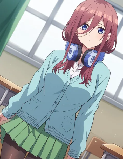 anime girl with headphones standing in a room with a window