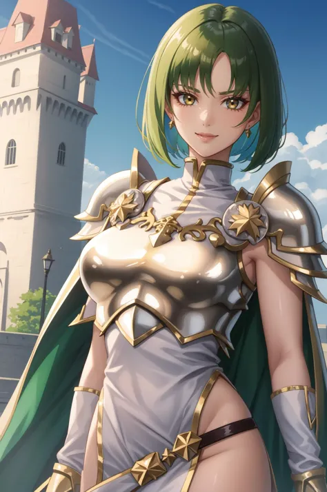 a woman in armor with a sword and a castle in the background