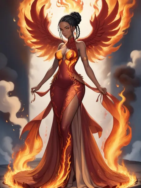 comic anime schöne Frau trägt ein (Phönixkleid) Posieren mit einem Sportgerät im Tassili n&#39;Ajjer, Feuer, Flammen, riesige flammende Flügel,
8k, Meisterwerk, sehr detailliert, Allein,
:/,
Göttinnen-Zöpfe,
schwarzes Haar, . Grafische Darstellung, Comic-Kunst, Graphic Novel-Kunst, beschwingt, sehr detailliert