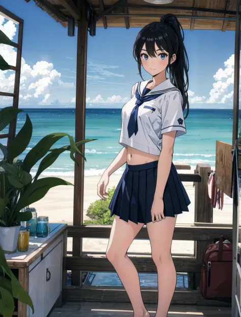 highres, absurdres, BREAK, 
(1girl:1.2), school uniform, navel, ponytail, shiny skin, barefoot, looking at viewer, blue sky, cloud, ocean, sandy beach, grab, summer, full body, portrait