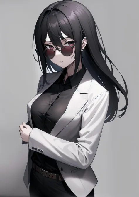 (highres, absurdres, madeon:1.2), (1girl:1.2), curvy, (round sunglasses:1.1), long hair, standing, black jacket, belt, flared black pants, collared shirt, formal, (suit:1.2), floating hair, BREAK
upper body, looking at viewer, depth of field, from above, (simple background:1.3),