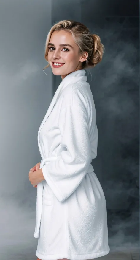 a woman in a white robe posing for a picture