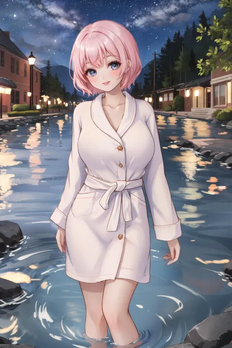 <lora:shortbath:0.6>, short bathrobe, <lora:Leirix2-10:0.6> short hair, smile, night, wading, river, outdoors, gigantic breasts,...