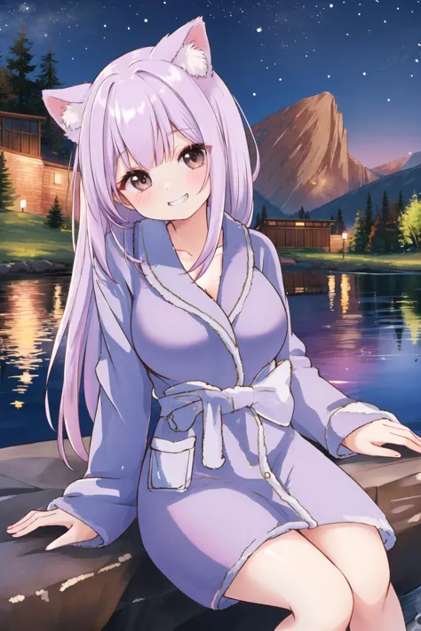 anime girl sitting on a dock with a lake in the background