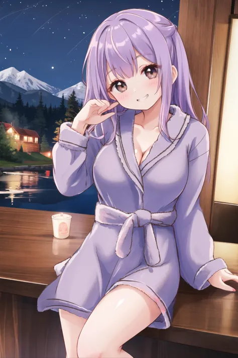 anime girl in a bathrobe sitting on a window sill