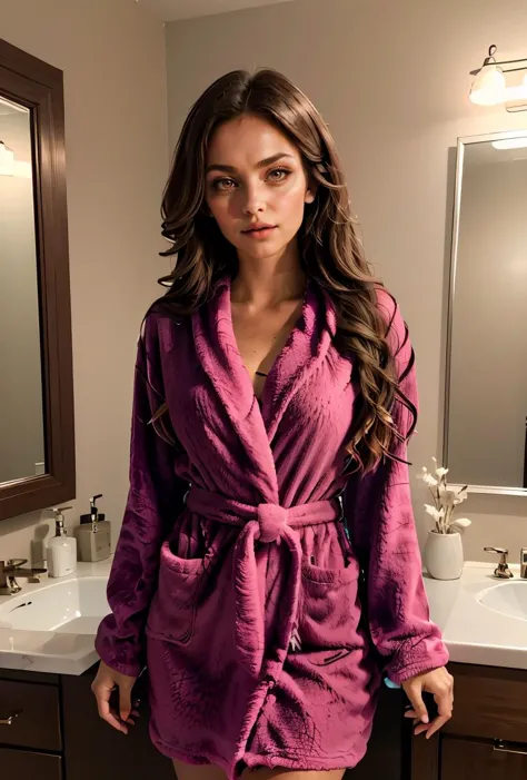 arafed woman in a robe standing in front of a bathroom sink